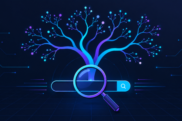 Illustration of a search magnifying glass with a branching tree diagram representing long-tail keyword research
