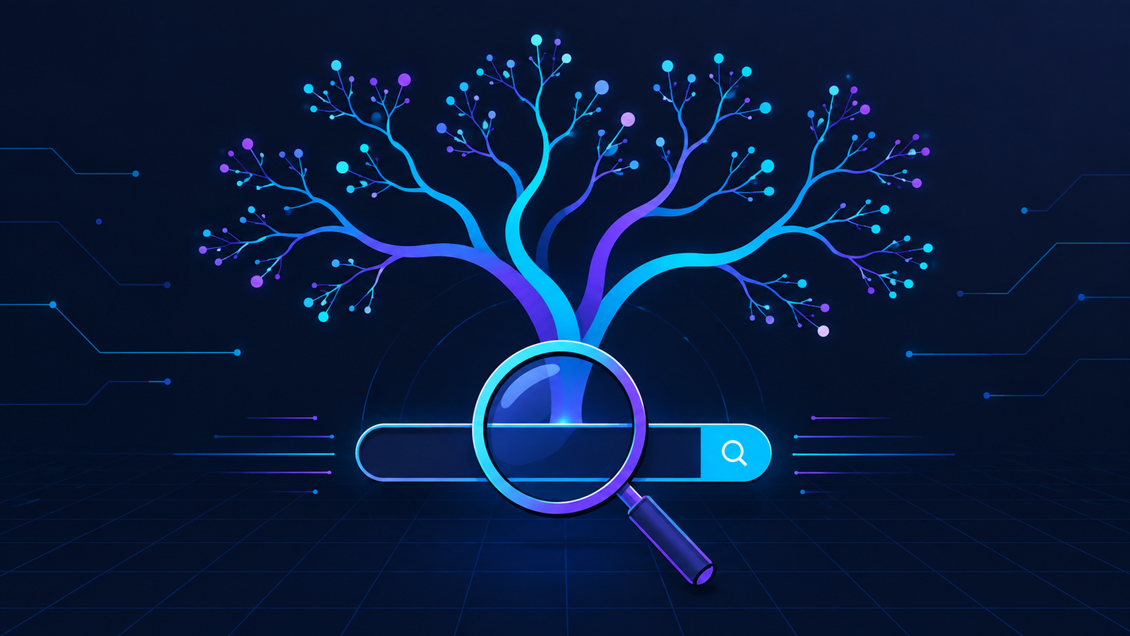 Illustration of a search magnifying glass with a branching tree diagram representing long-tail keyword research