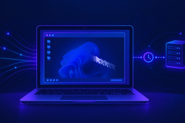 Laptop screen showing a remote desktop connection with a lagging cursor trail, representing RDP connection delay