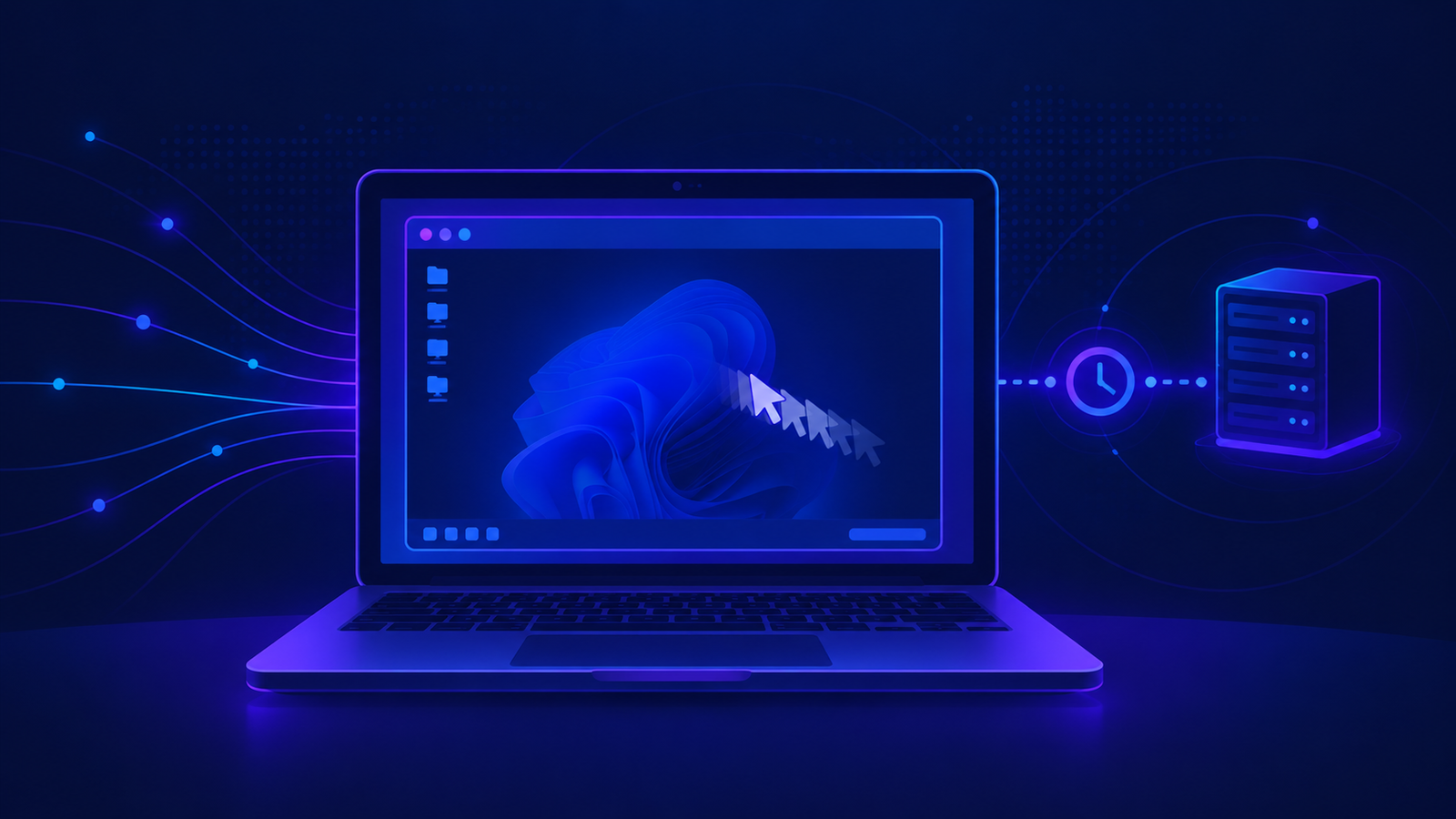Laptop screen showing a remote desktop connection with a lagging cursor trail, representing RDP connection delay