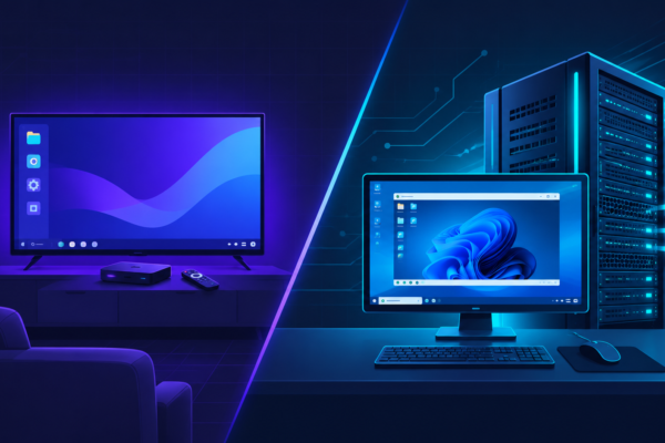 Illustration comparing a consumer cloud PC streaming device to a dedicated Windows server for private RDP and VPS hosting