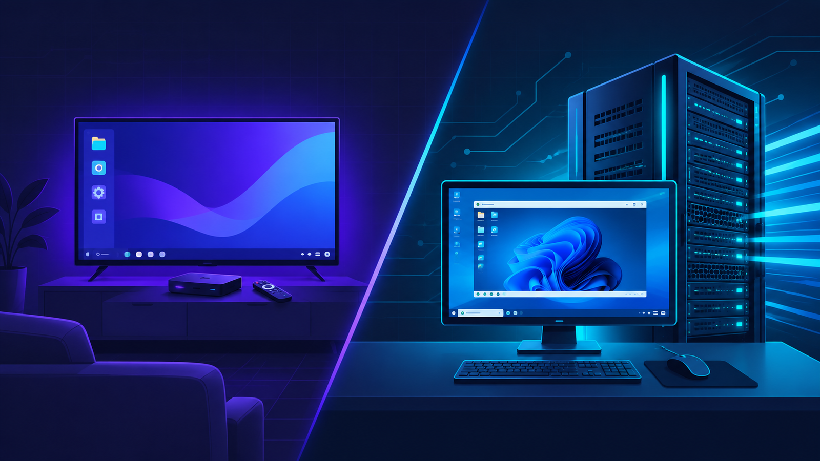 Illustration comparing a consumer cloud PC streaming device to a dedicated Windows server for private RDP and VPS hosting