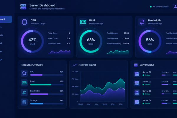 Server dashboard showing dedicated CPU, RAM, and bandwidth allocation gauges for a Private RDP
