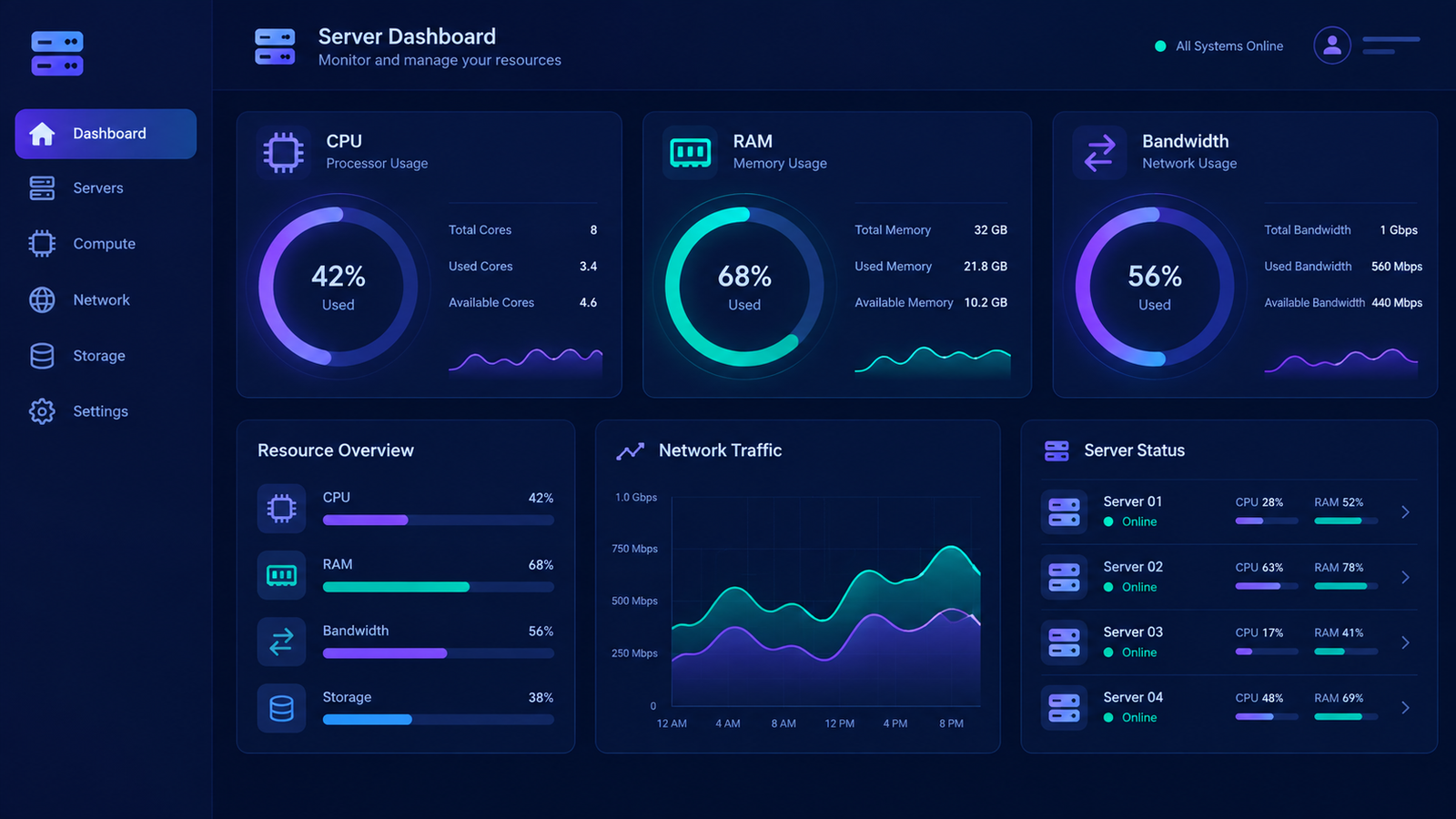 Server dashboard showing dedicated CPU, RAM, and bandwidth allocation gauges for a Private RDP