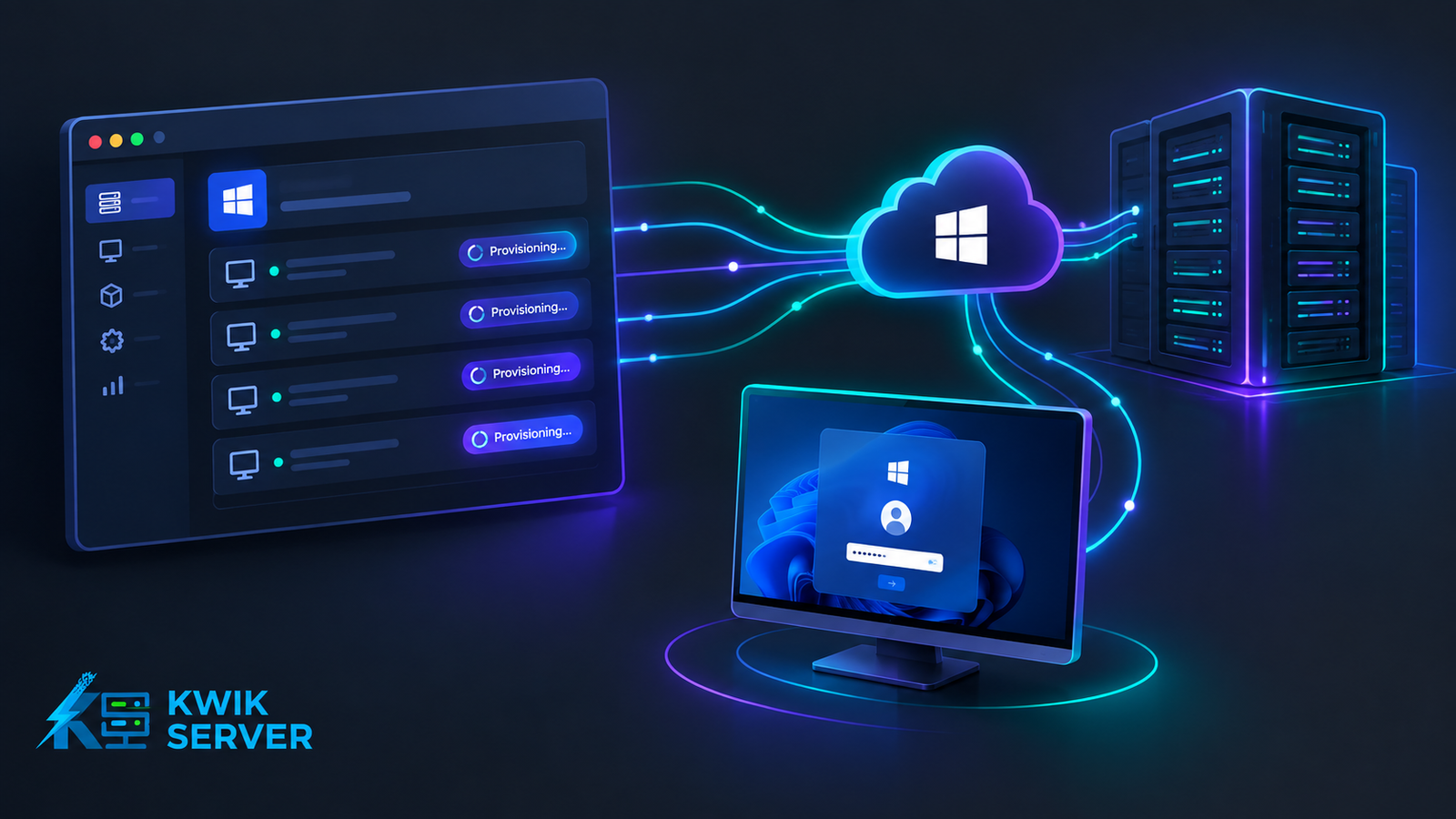 KwikServer Zenith Panel dashboard illustration for Private RDP and Windows VPS provisioning